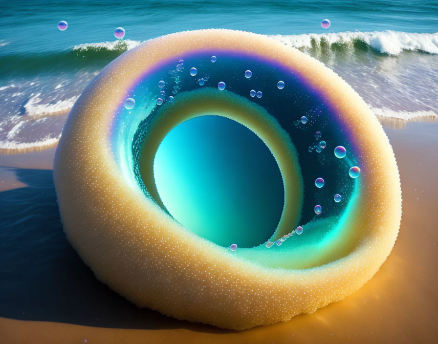 Giant iridescent doughnut on shore with bubbles