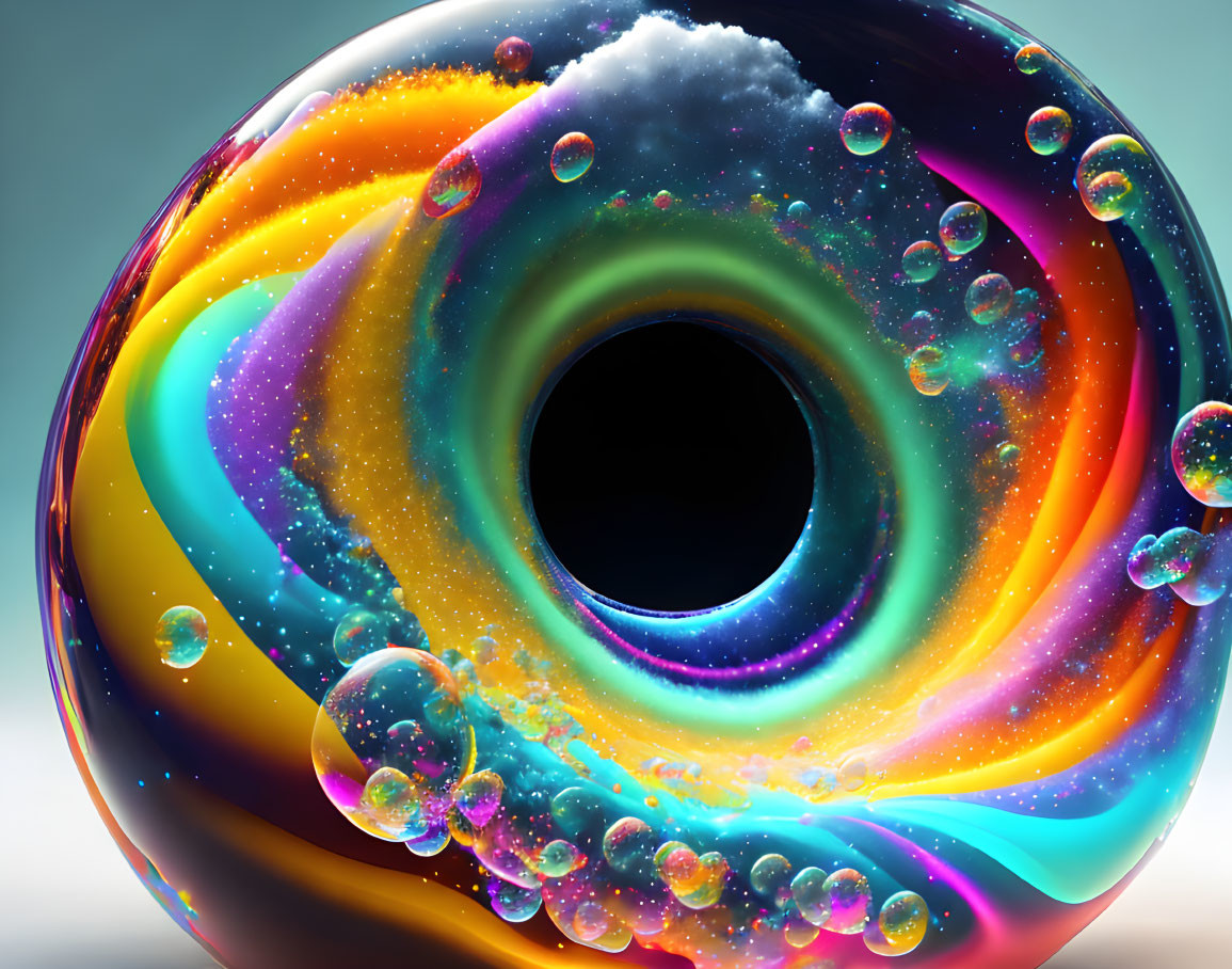 Colorful swirling vortex with glossy surface and bubbles on blue gradient background