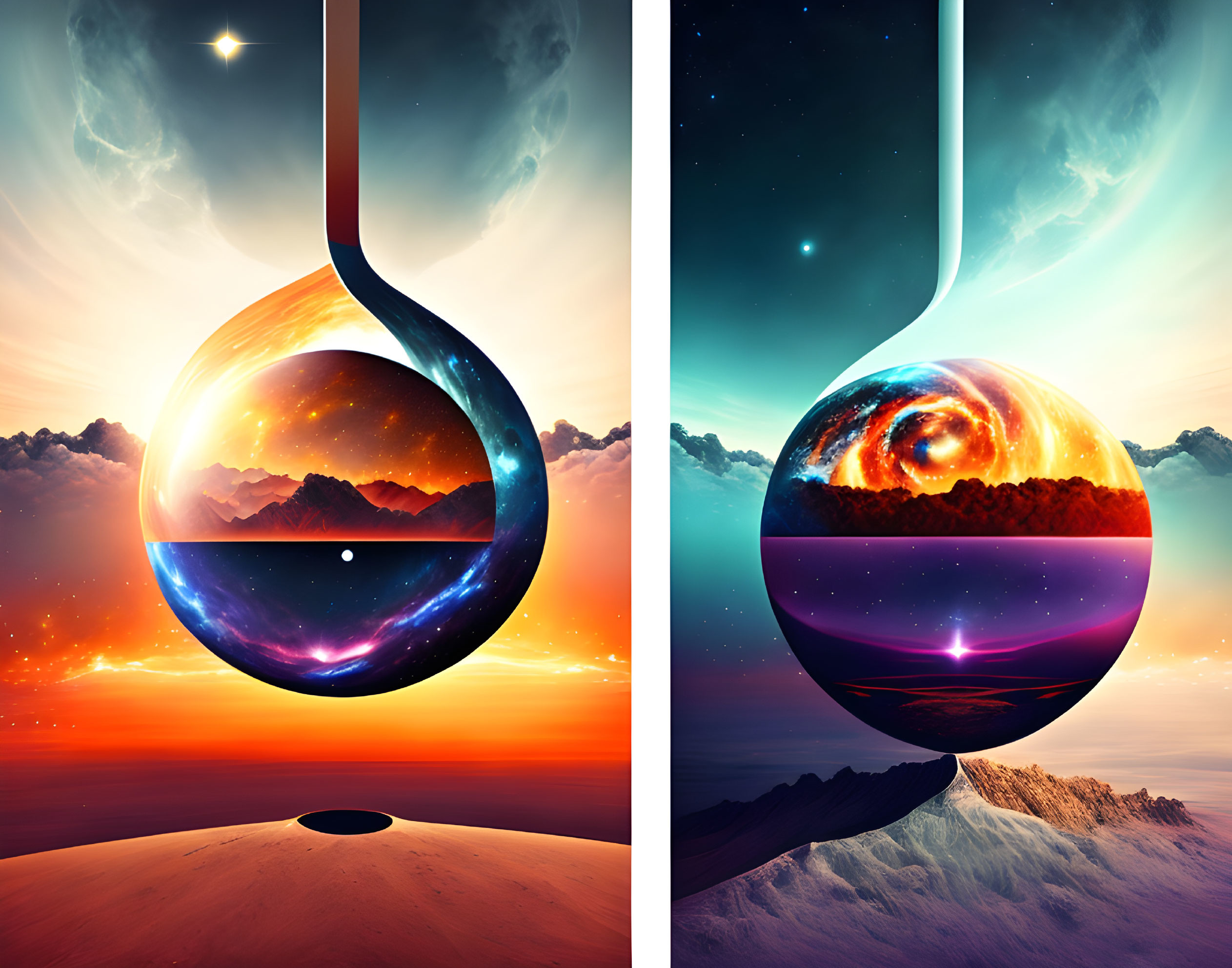 Surreal landscapes with large circular objects blending day and night scenes under starry sky