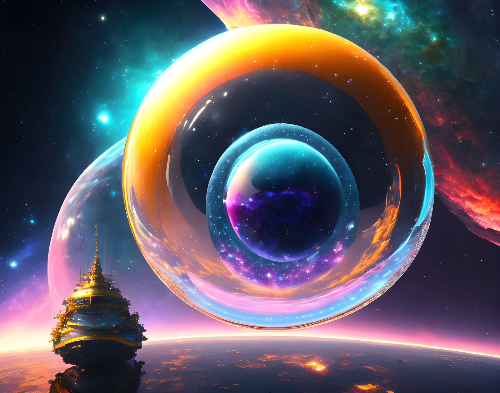 Colorful Cosmic Landscape with Glowing Orbs and Fantastical Structure