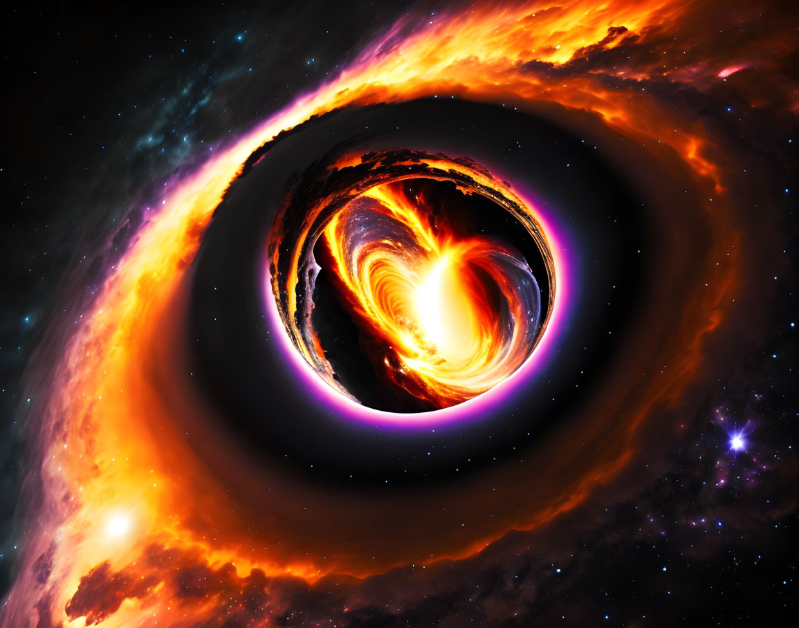 Colorful digital art: Black hole with swirling accretion disk in space