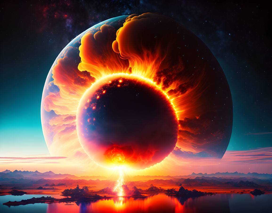 Sci-fi landscape with celestial body explosion above serene lake