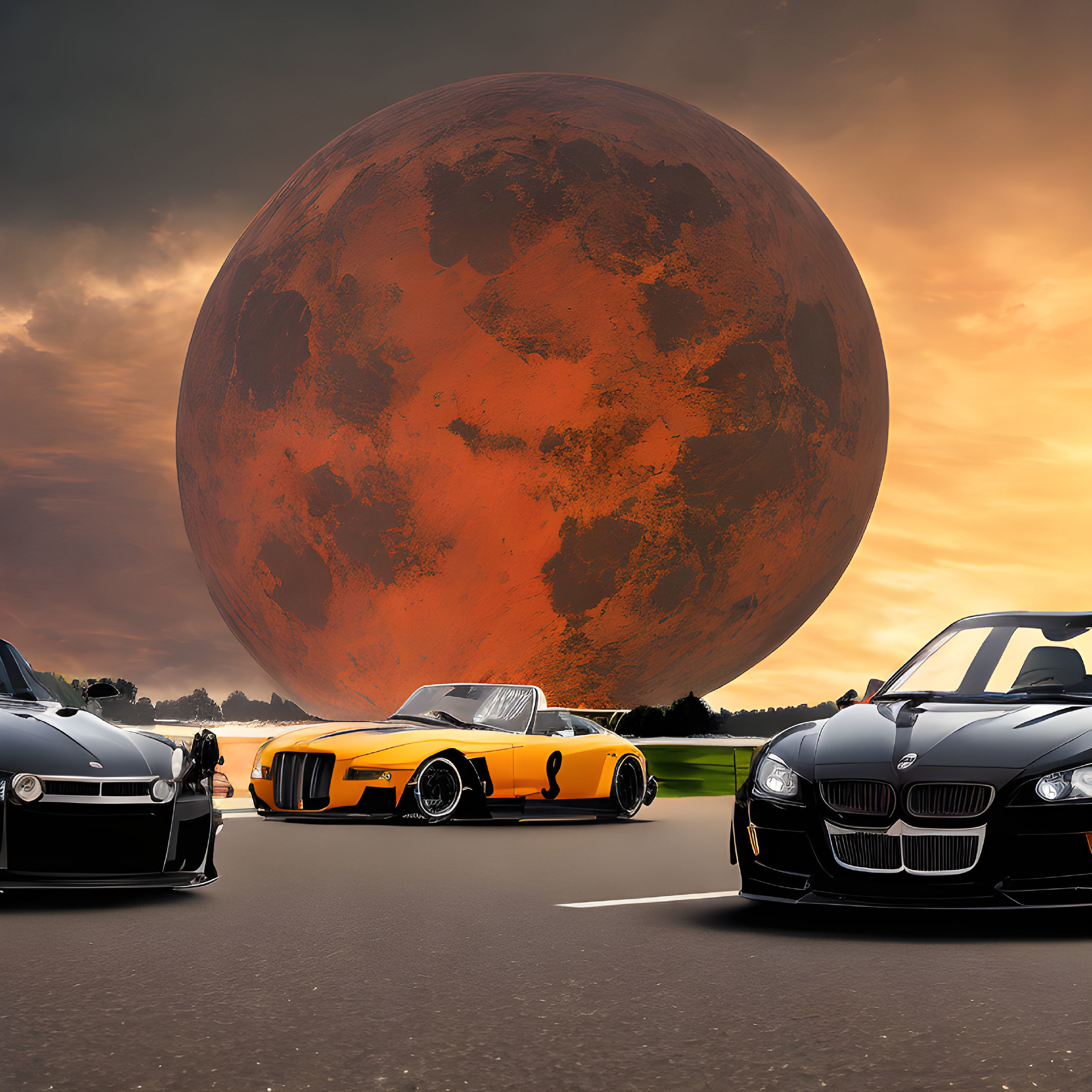 Luxury Cars Parked with Reddish-Orange Planet in Background