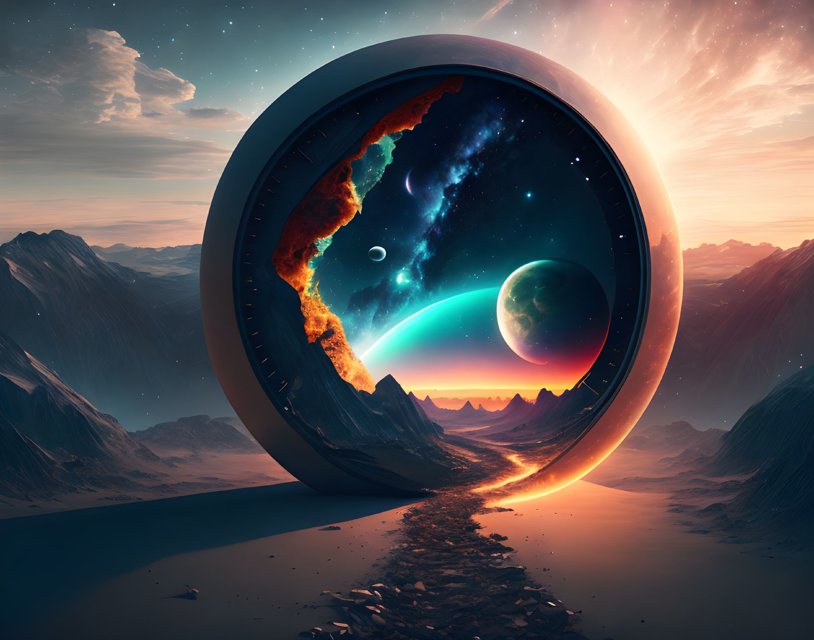 Surreal Landscape with Circular Gateway and Cosmic Scene