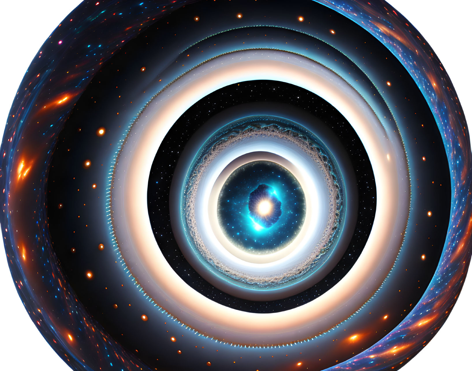 Surreal vortex digital art with cosmic motifs and bright blue center