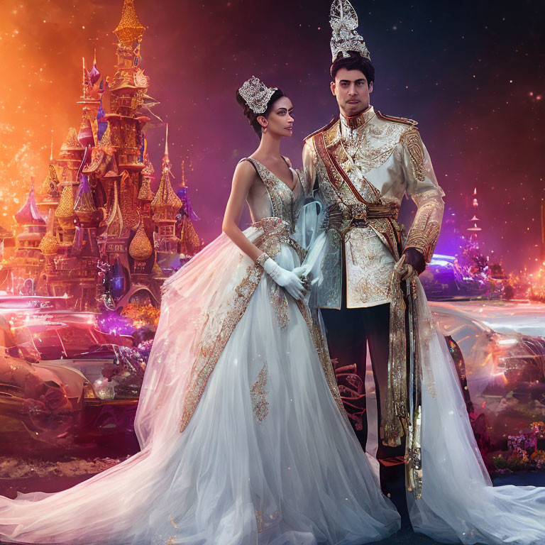 Couple in traditional attire with fantastical castle backdrop