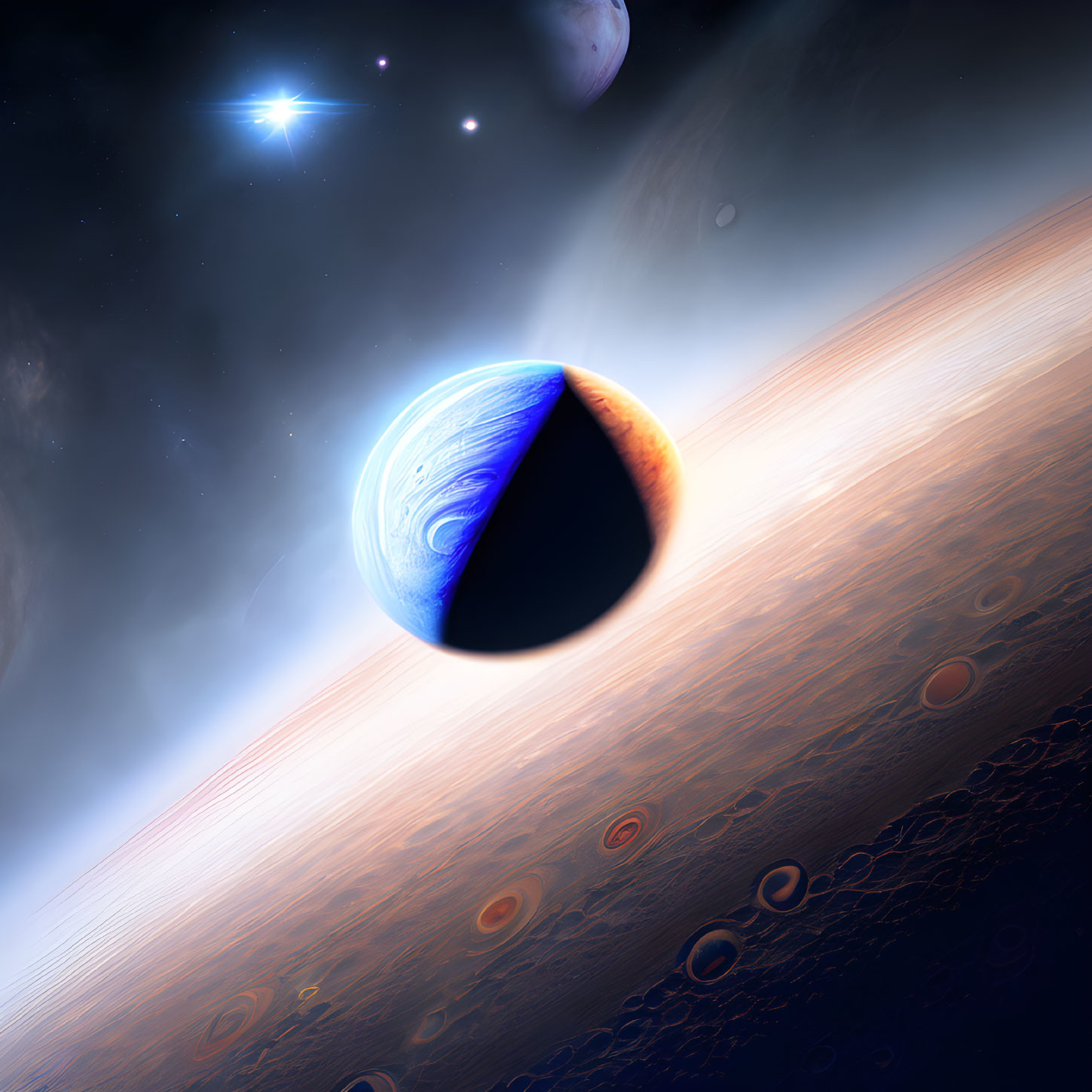 Colorful space scene with Earth-like planet, rings, stars, and gas giants.