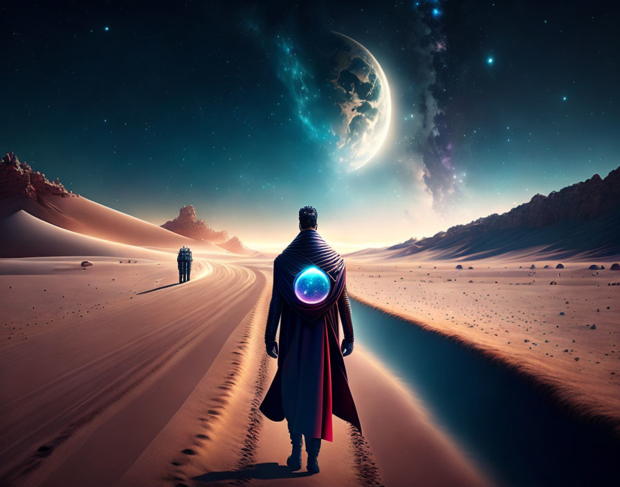 Cloaked figure with glowing orb in desert under night sky