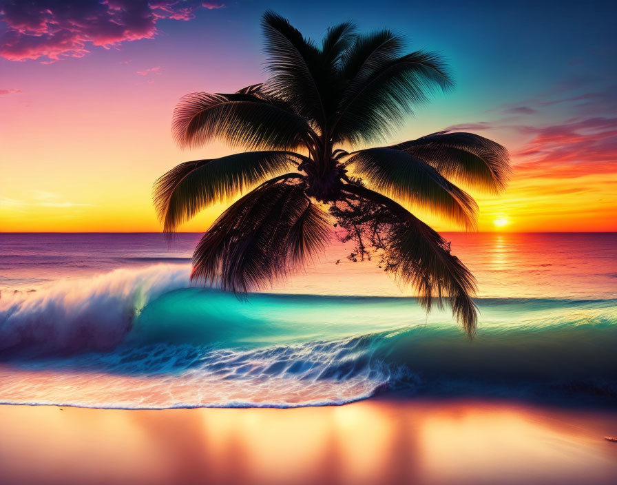 Vibrant Beach Sunset with Silhouette of Palm Tree and Turquoise Waves