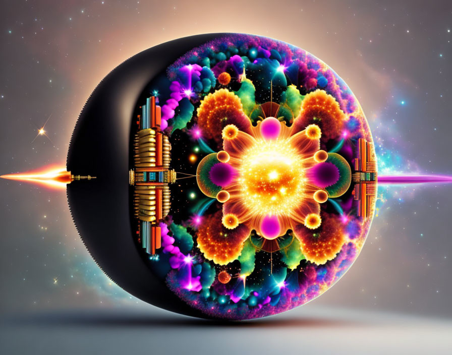 Vibrant spherical digital artwork with fractal explosion and futuristic elements