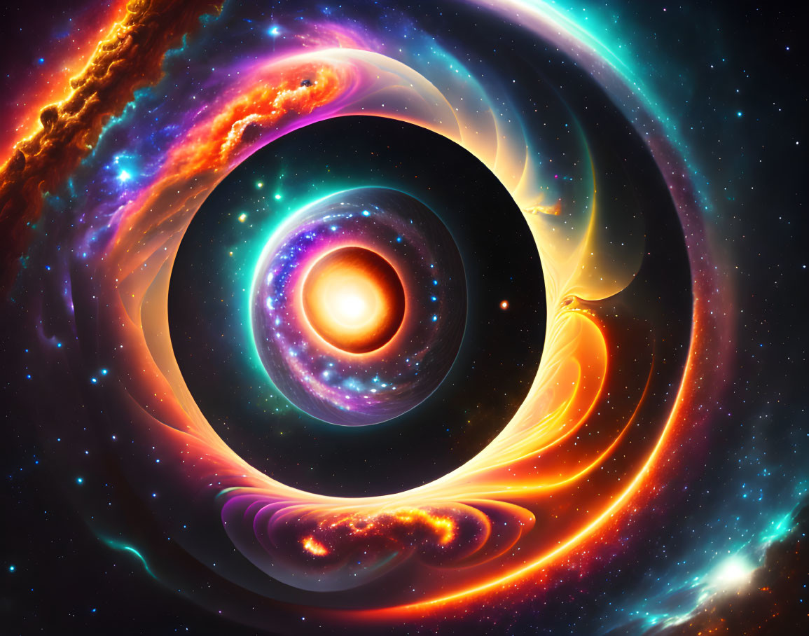 Colorful cosmic illustration: swirling nebulas, star clusters, celestial eye.