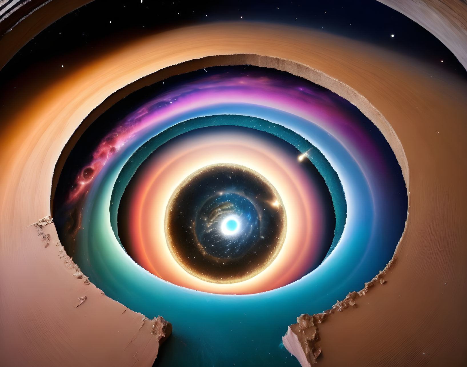 Colorful celestial eye with cosmic rings on starry night sky backdrop