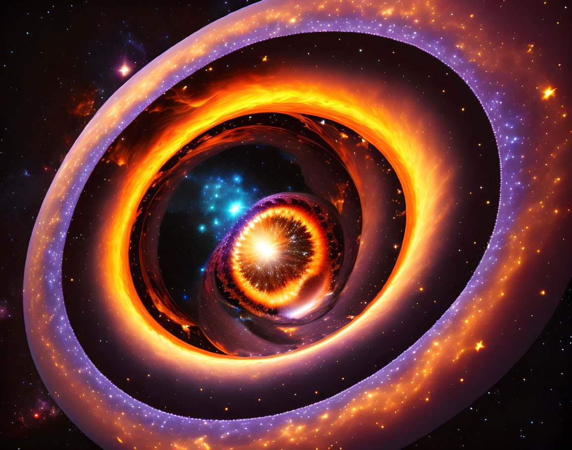 Colorful artistic depiction of black hole with orange accretion disk & starry space background