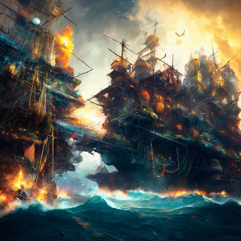 Dramatic sea battle scene with fiery explosions and colliding ships