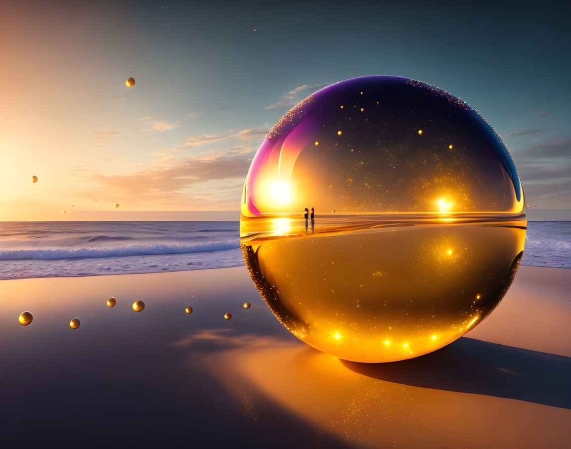 Surreal beach scene: giant reflective sphere, levitating orbs, silhouettes of two people