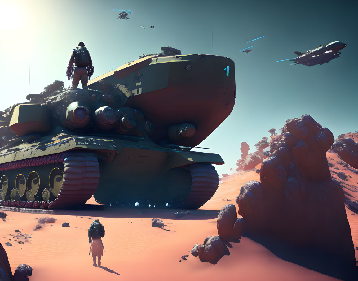 Futuristic tank in desert with figures and flying vehicles