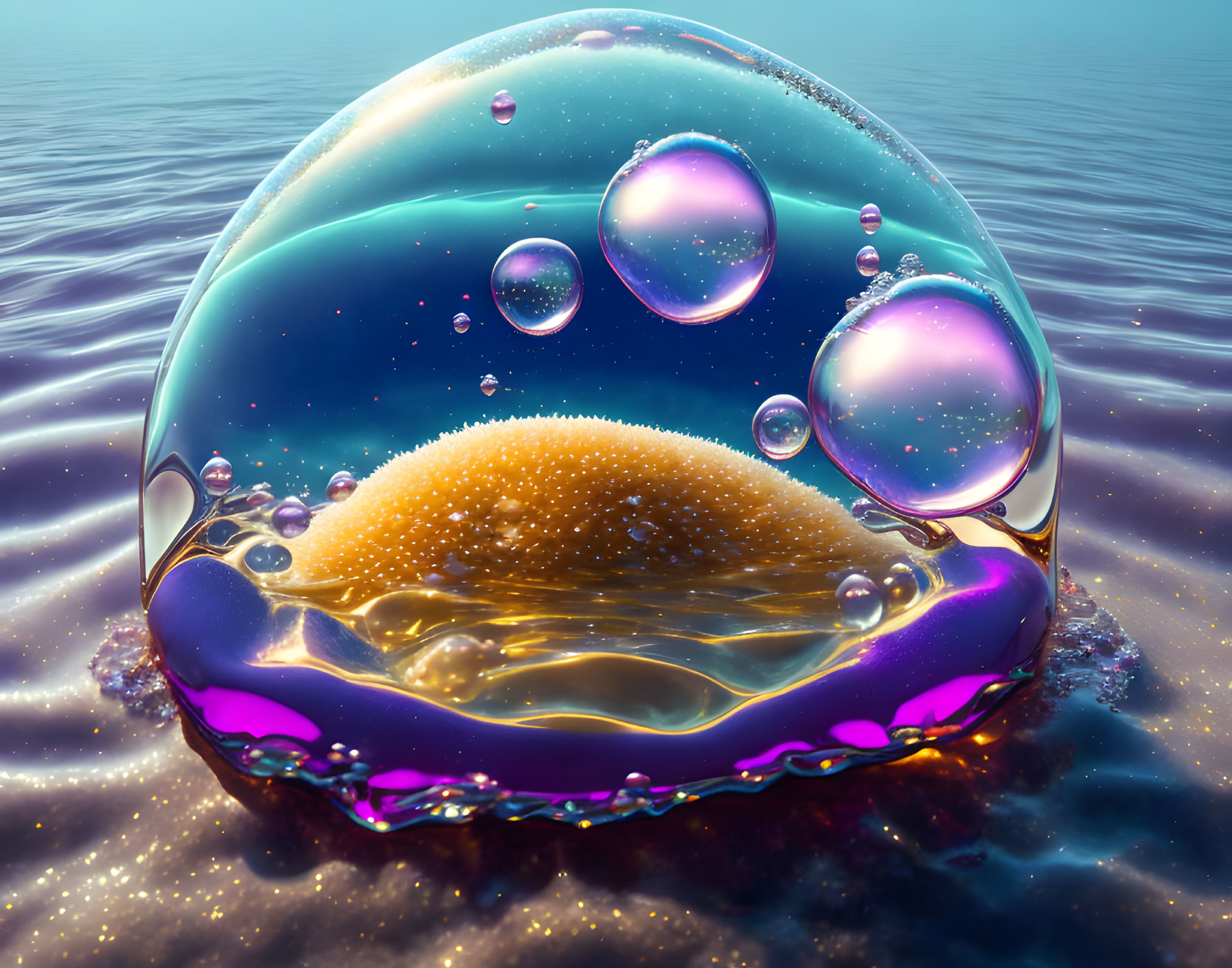 Shimmering bubble with smaller bubbles over reflective water surface