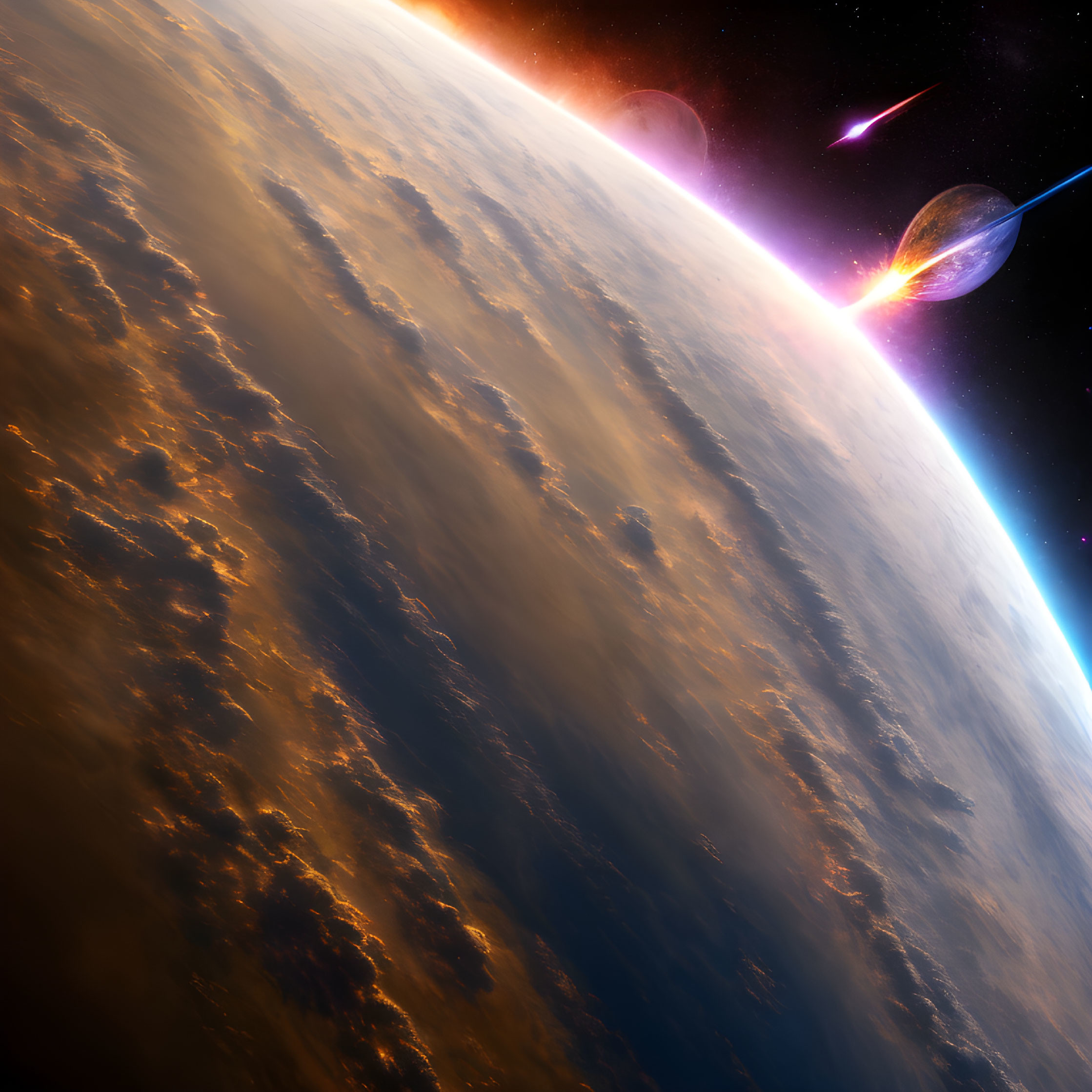 Colorful space scene with large planet, fiery atmosphere, and celestial bodies.