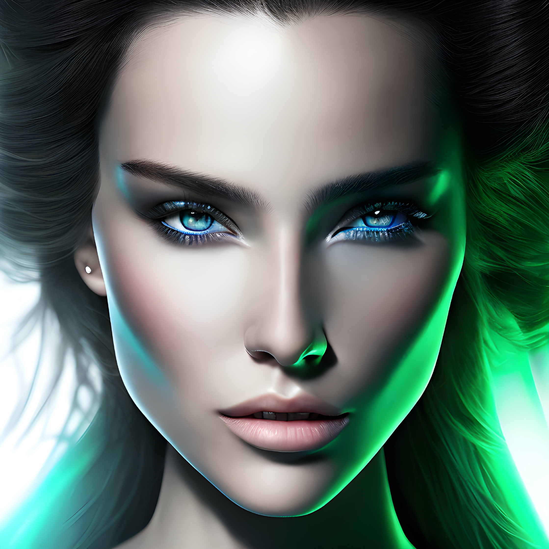 Close-up of woman with striking blue eyes and flawless skin under green light