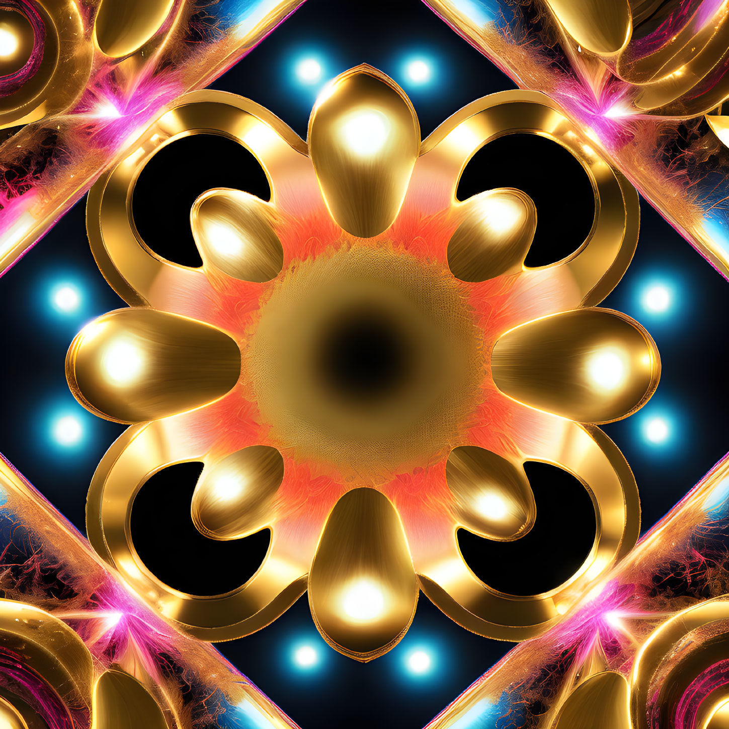 Symmetrical abstract fractal design in gold, pink, and blue hues