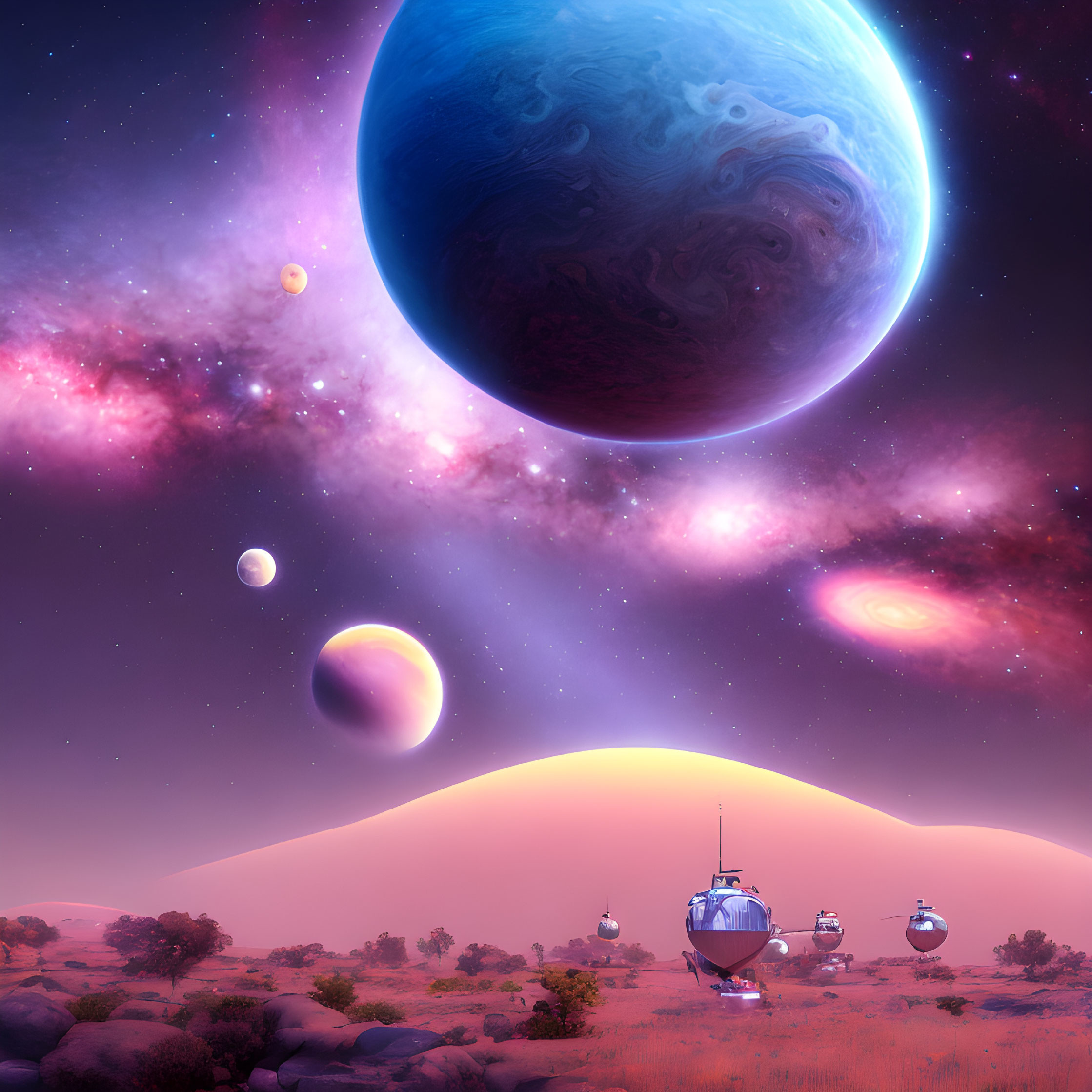 Detailed Sci-Fi Landscape with Planet, Moons, Spacecraft, and Nebula