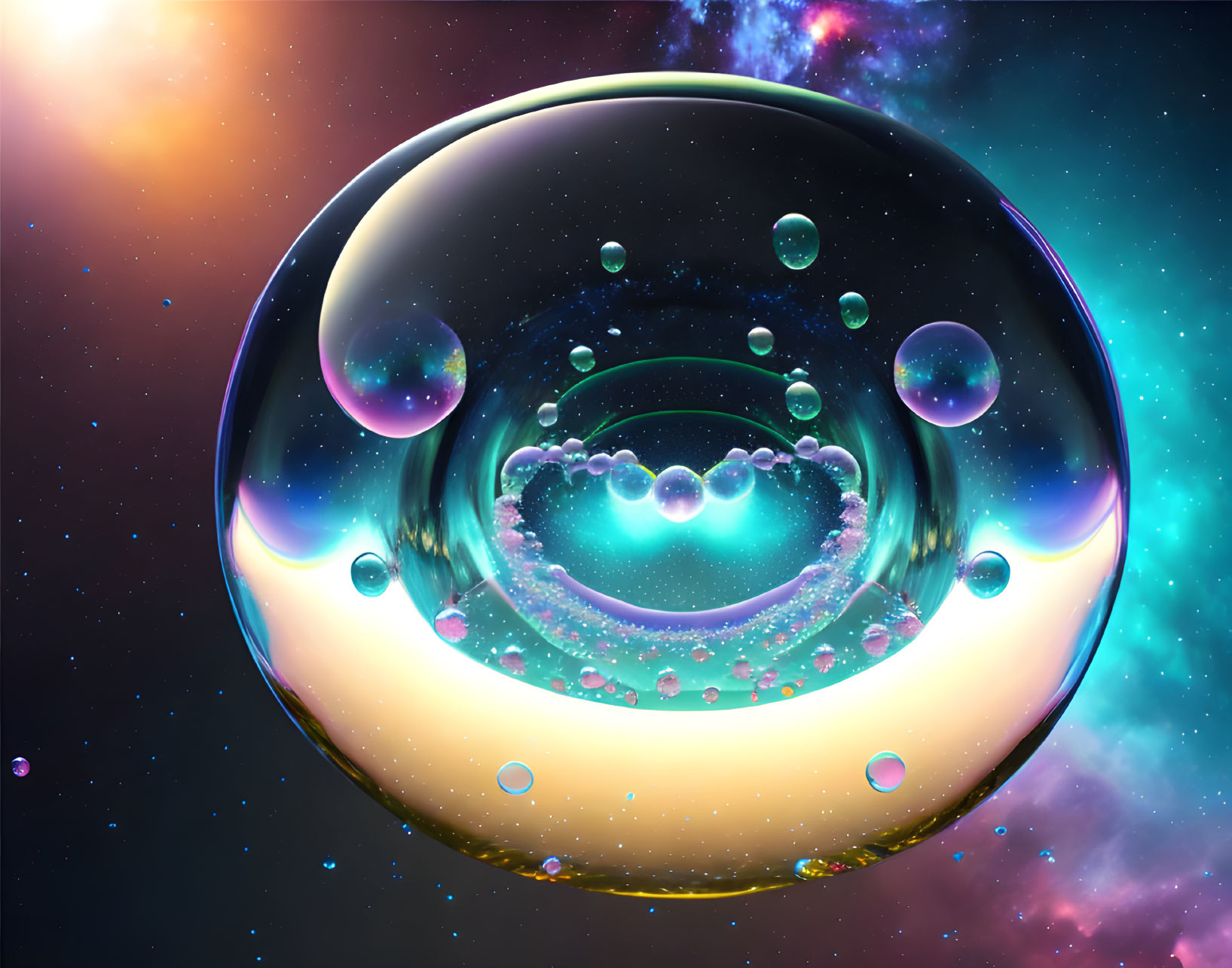 Colorful cosmic scene with large iridescent soap bubble and floating smaller bubbles reflecting nebulous swirls