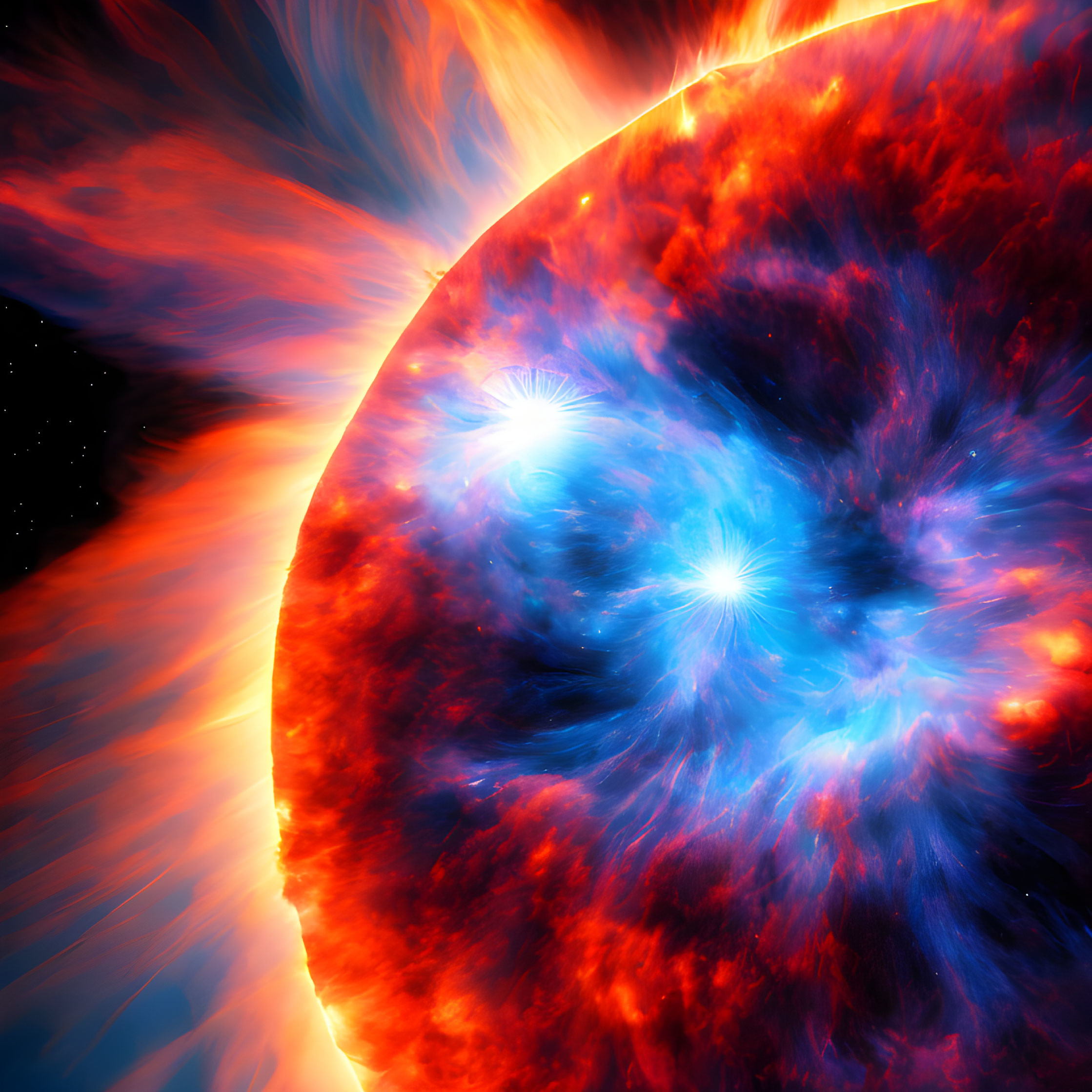 Colorful digital illustration of fiery star with solar flares in dark space