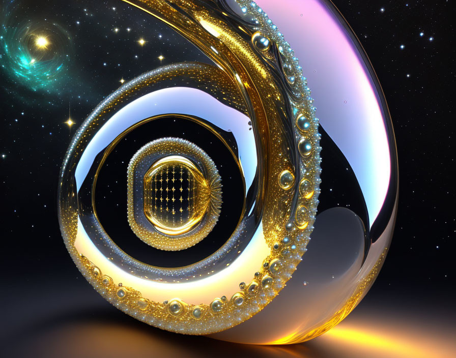 Abstract 3D Image: Golden Spiral Structures with Beads on Cosmic Background