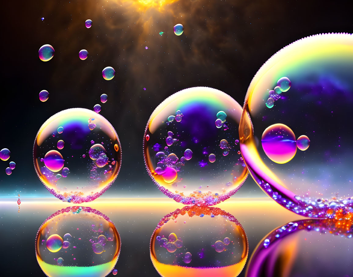 Colorful soap bubbles on reflective surface under cosmic background