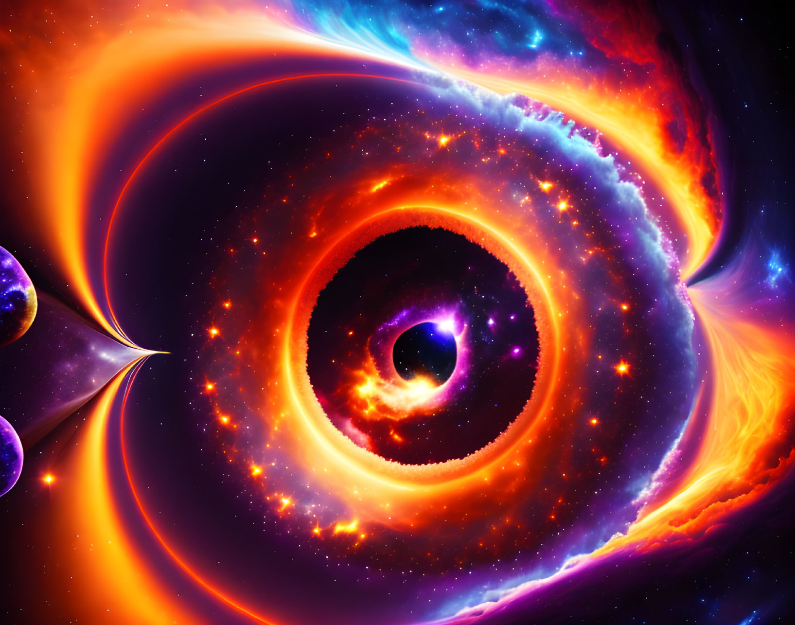 Colorful digital artwork featuring a cosmic scene with a black hole and celestial bodies