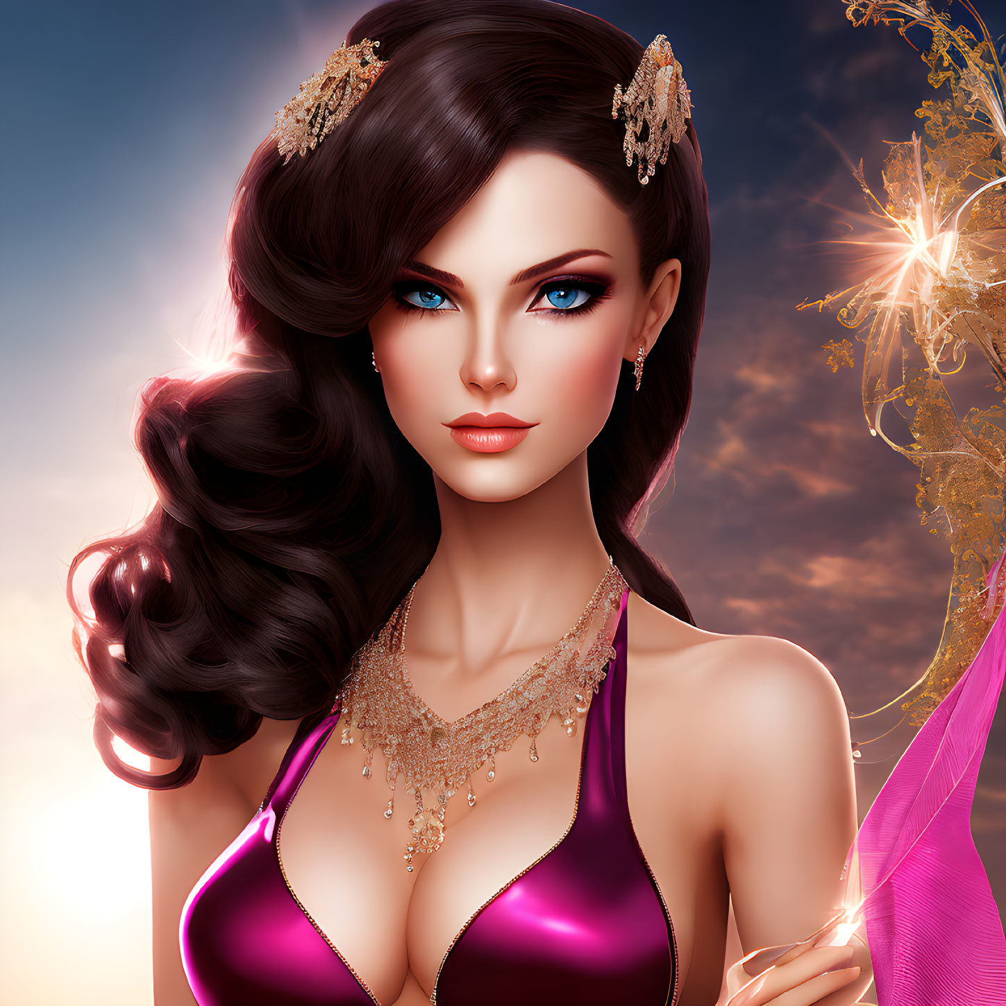 Woman with Blue Eyes and Long Wavy Hair in Magenta Garment with Gold Jewelry