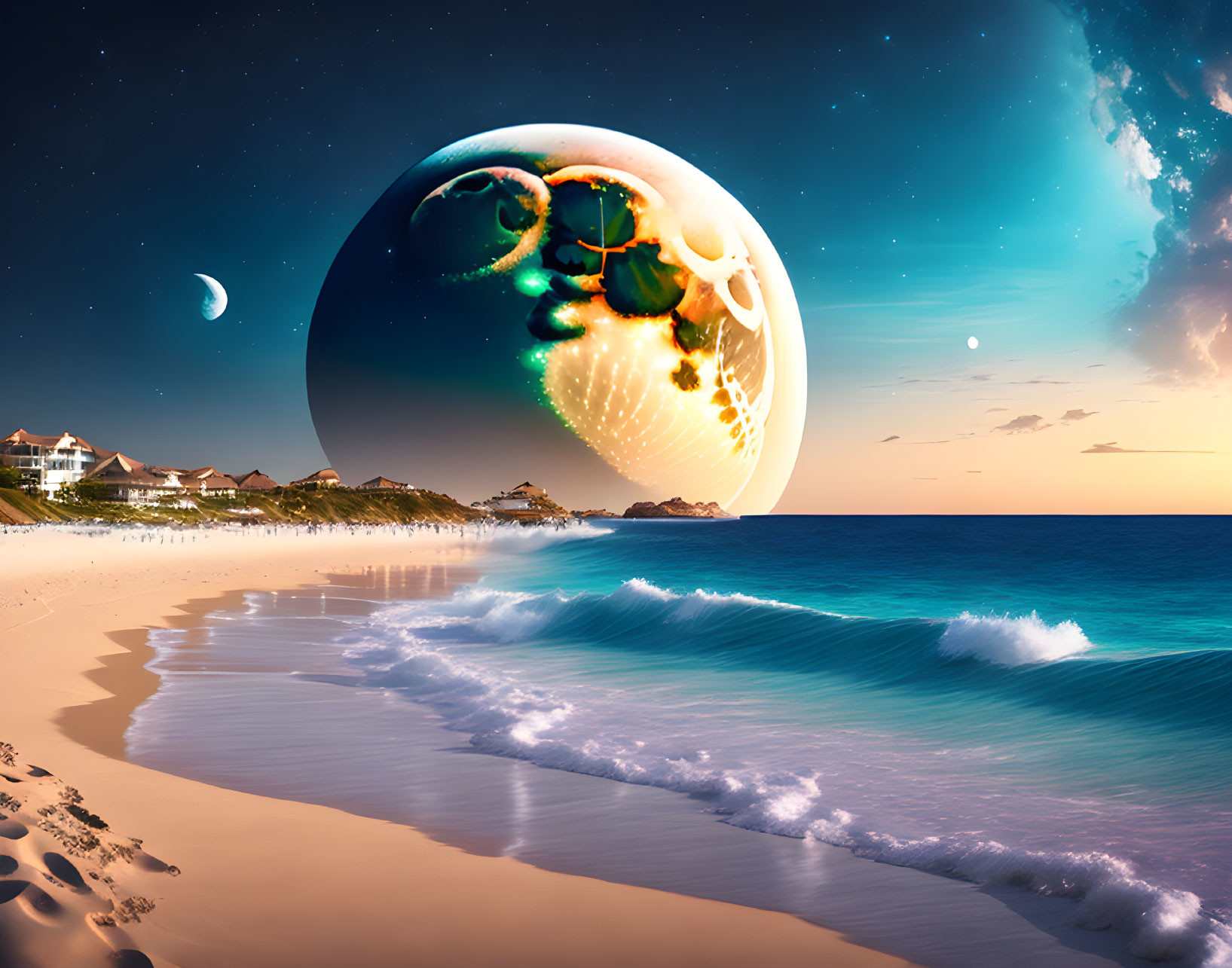 Surreal beachscape with giant fantasy planet and crescent moon