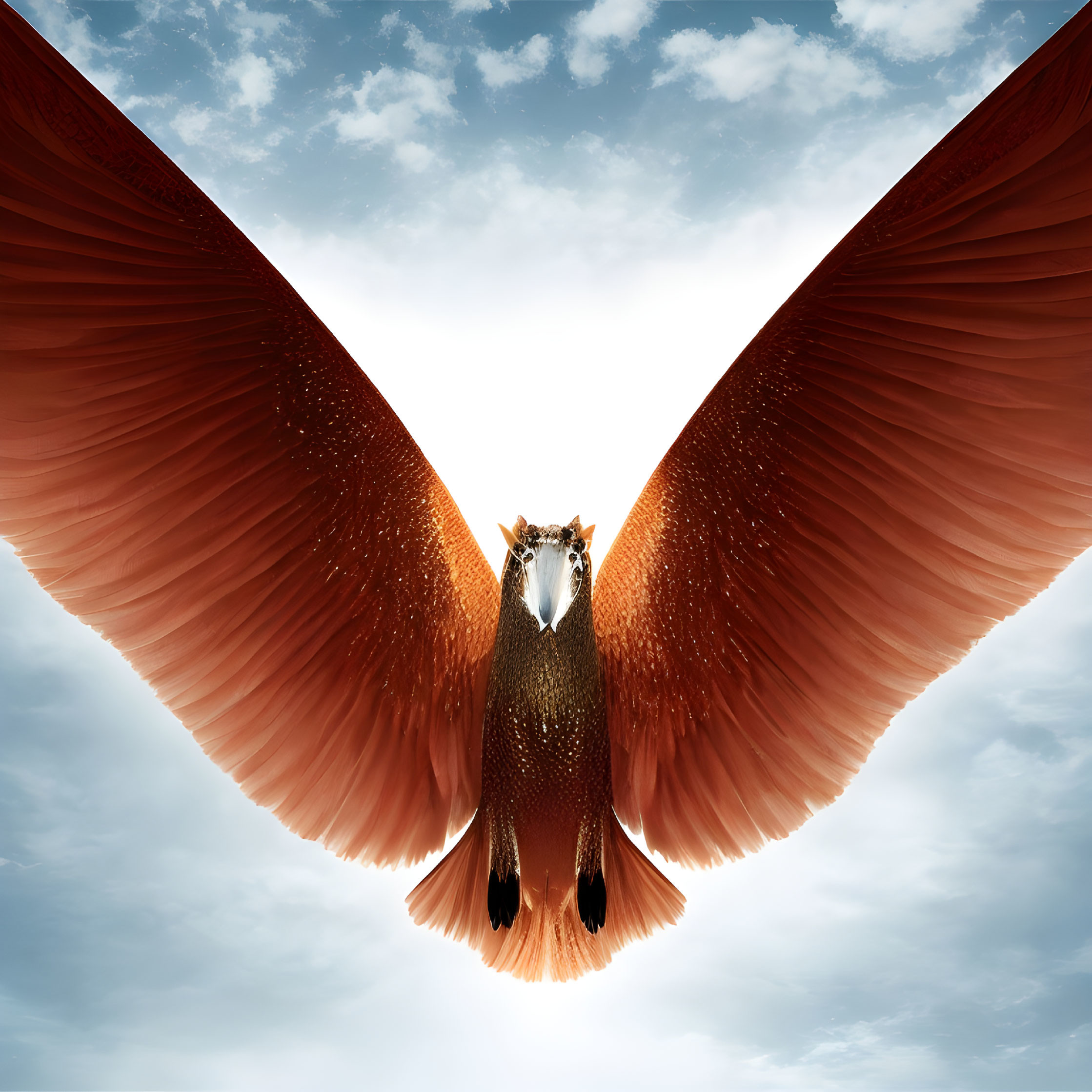 Majestic horse-like creature with fiery wings flying in the sky