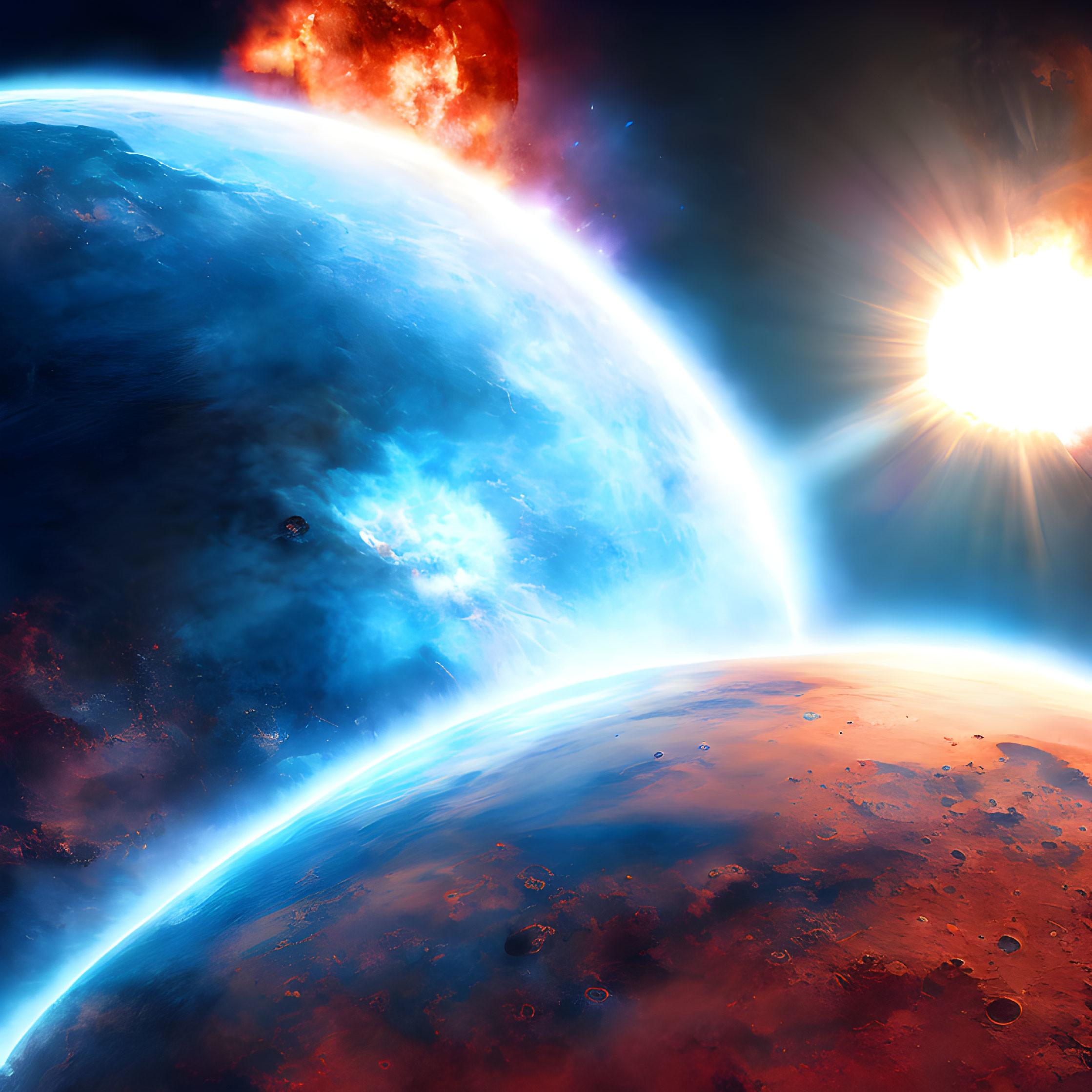 Colorful Space Scene with Planets, Sun, Stars, and Nebula