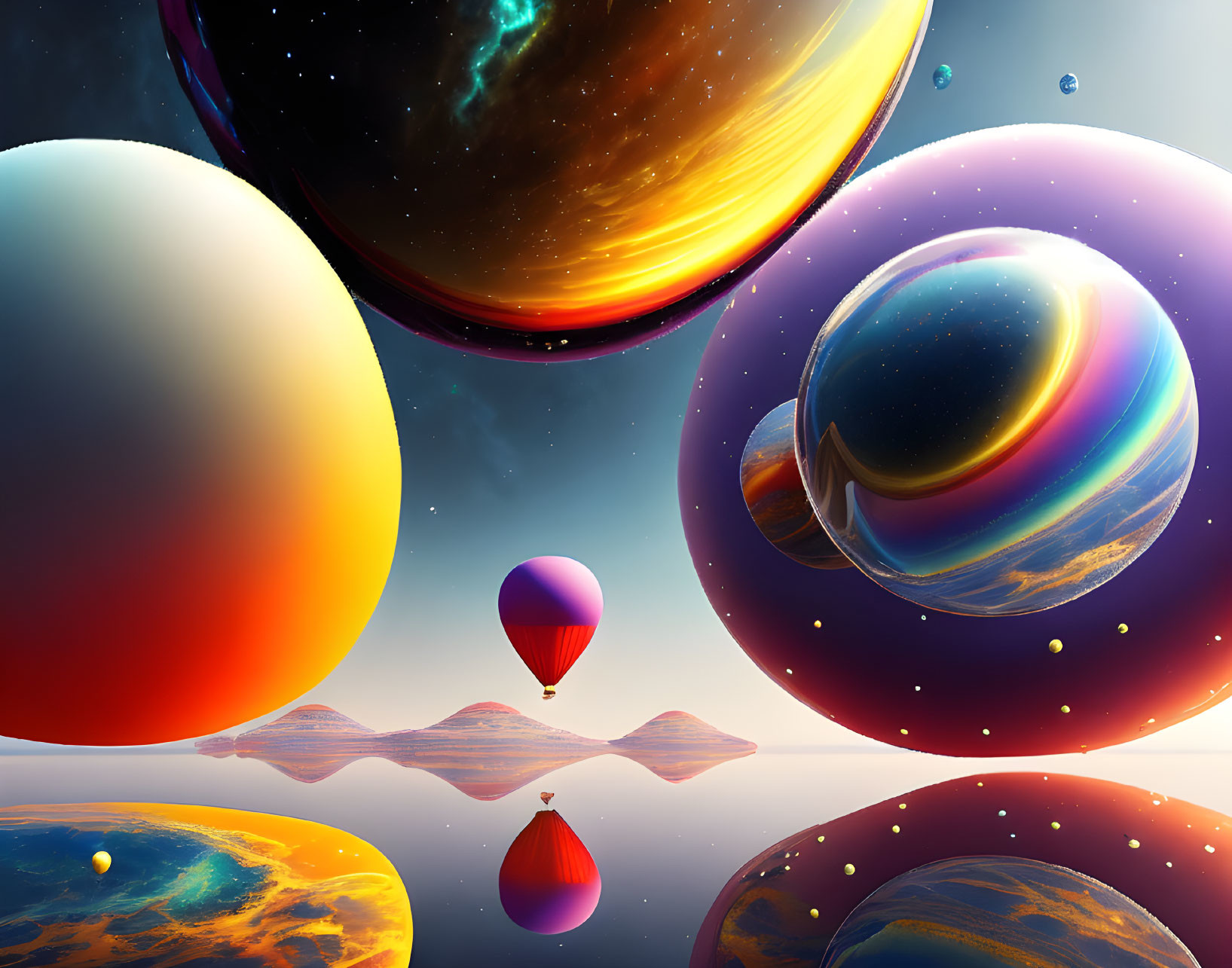 Colorful surreal landscape with planets, hot-air balloons, and cosmic backdrop.