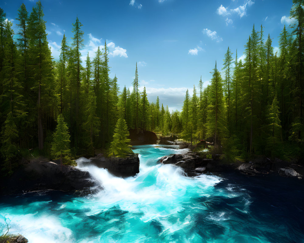 Lush Green Pine Trees in Vibrant Forest with Turquoise River