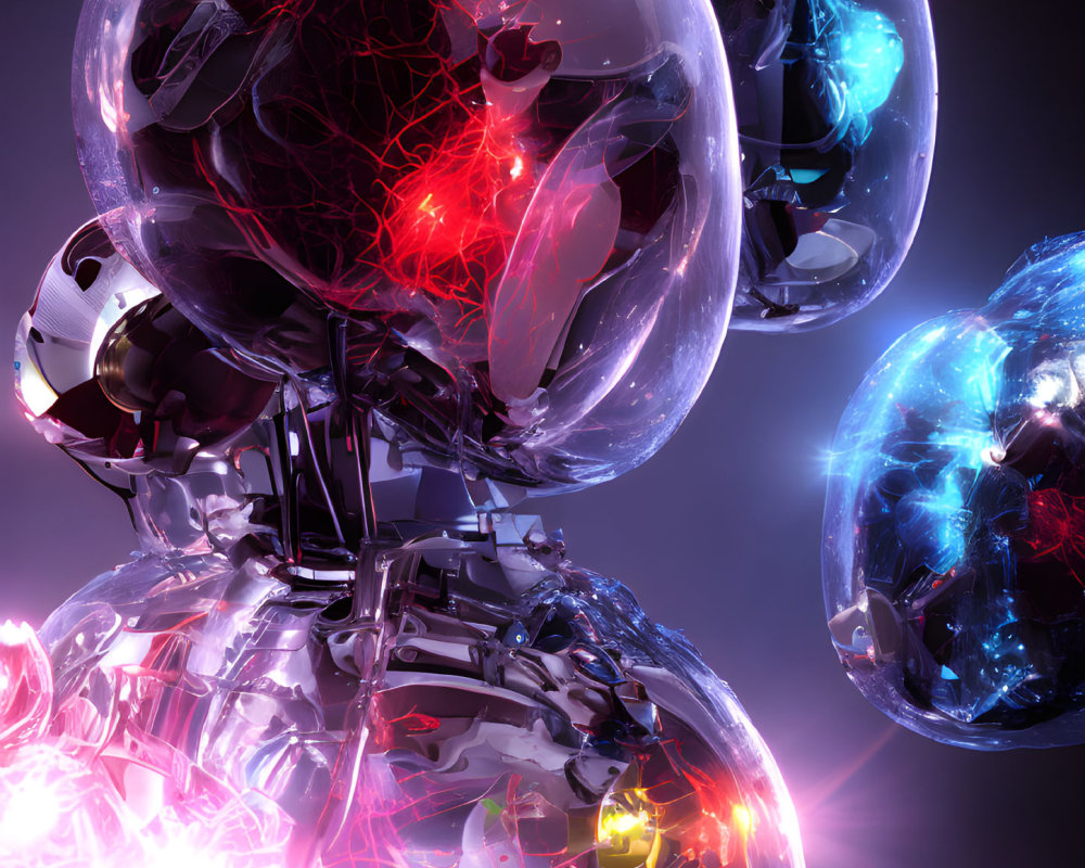 Translucent Spheres with Glowing Neural Network on Chrome Robot