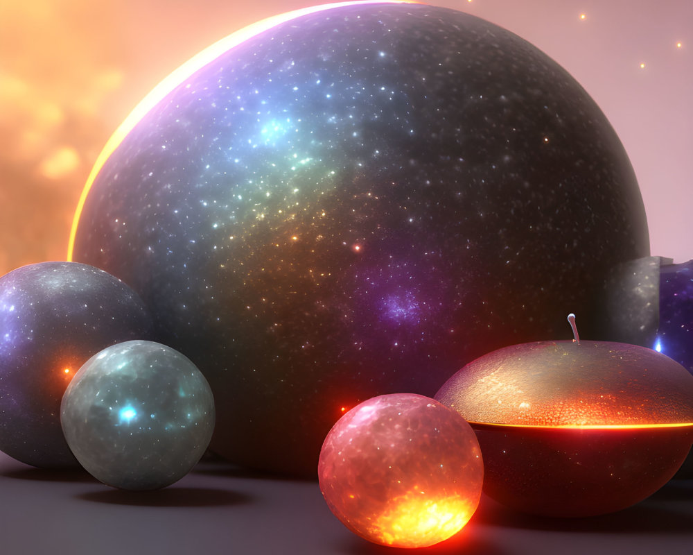 Cosmic spherical objects with textured surfaces in warm light.