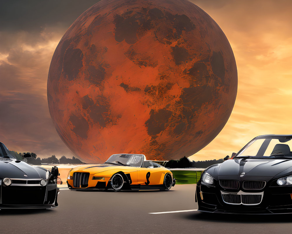 Luxury Cars Parked with Reddish-Orange Planet in Background