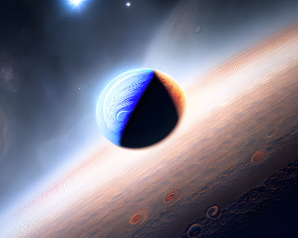 Colorful space scene with Earth-like planet, rings, stars, and gas giants.