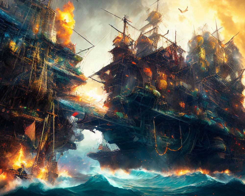 Dramatic sea battle scene with fiery explosions and colliding ships