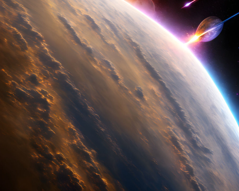 Colorful space scene with large planet, fiery atmosphere, and celestial bodies.