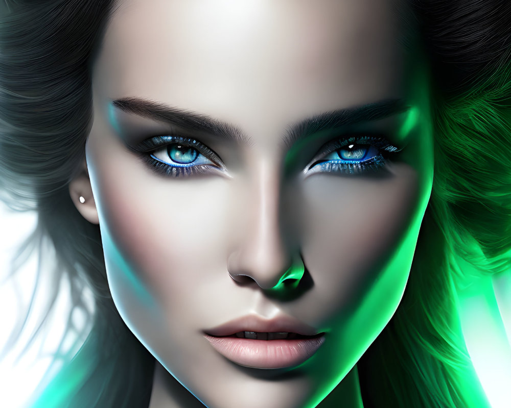 Close-up of woman with striking blue eyes and flawless skin under green light