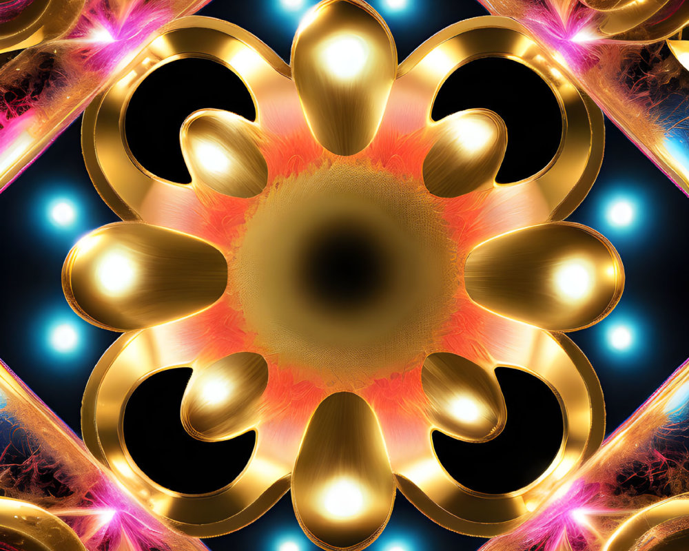 Symmetrical abstract fractal design in gold, pink, and blue hues