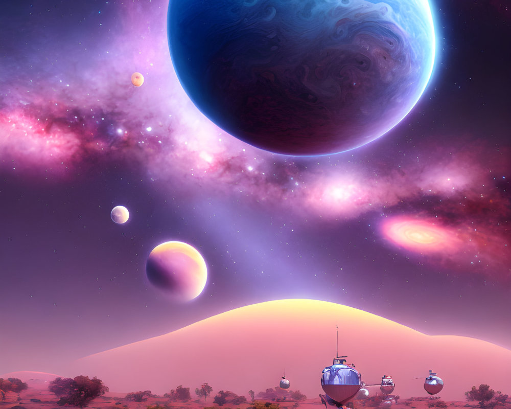 Detailed Sci-Fi Landscape with Planet, Moons, Spacecraft, and Nebula