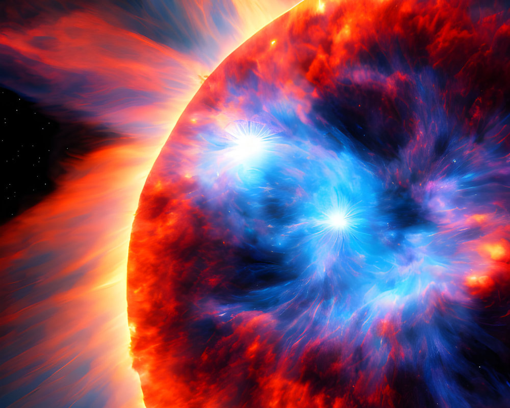 Colorful digital illustration of fiery star with solar flares in dark space