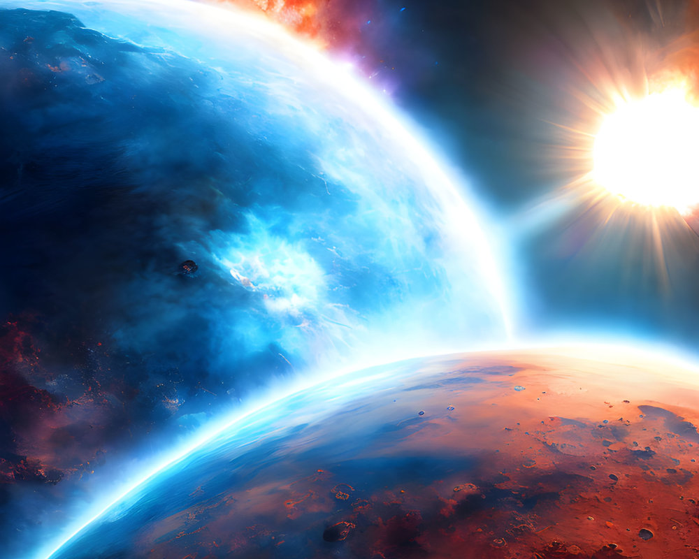 Colorful Space Scene with Planets, Sun, Stars, and Nebula