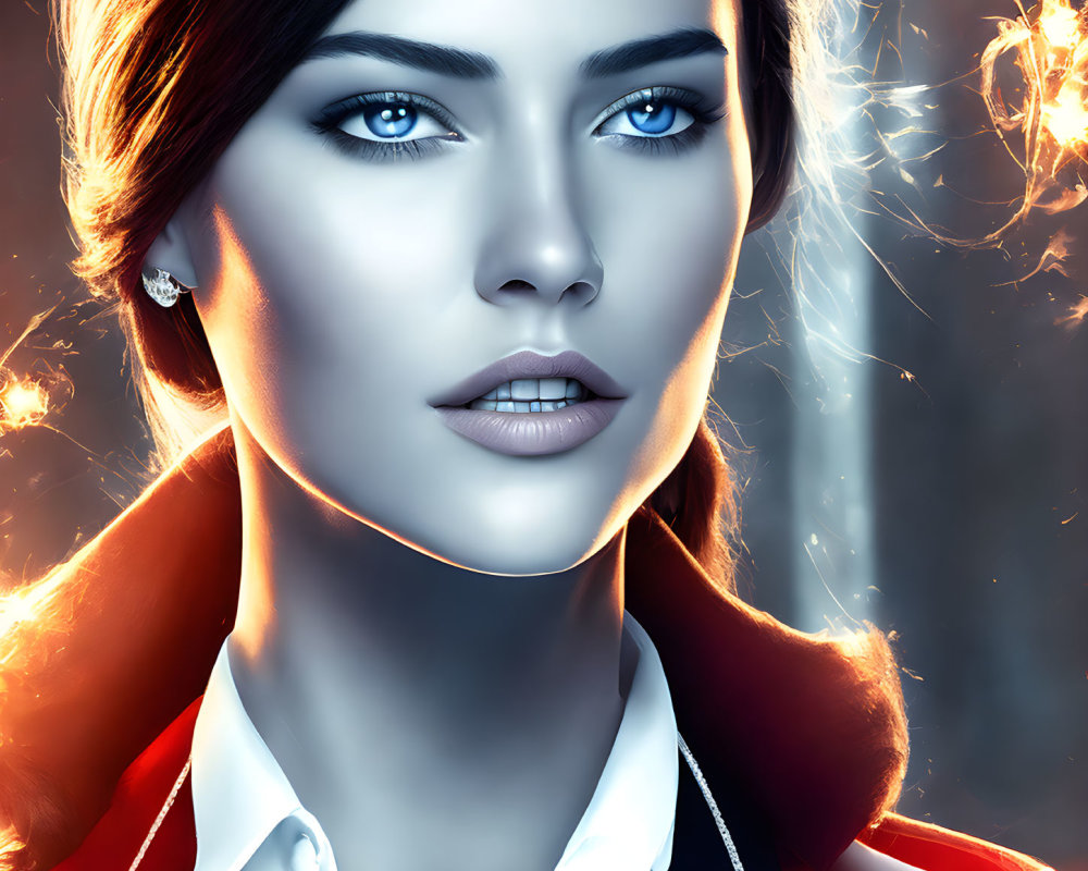 Digital artwork: Woman with blue eyes, dark hair, white shirt, black jacket, glowing background