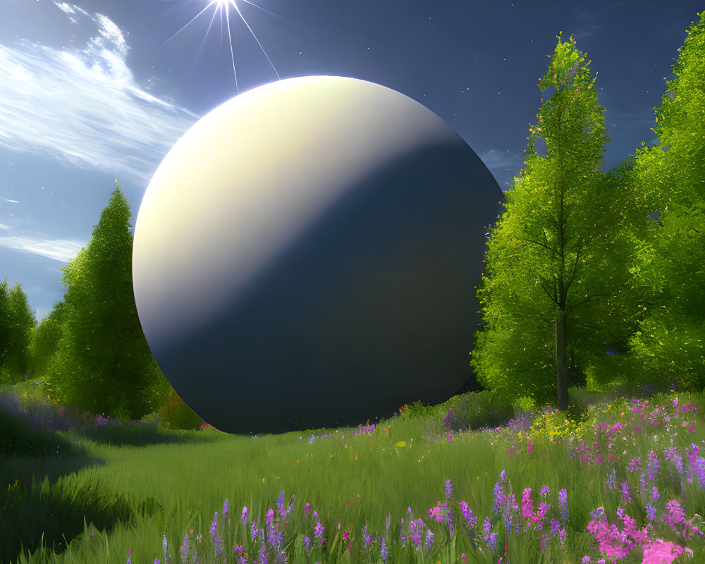 Vibrant meadow with lush trees under a vast planet - digital artwork