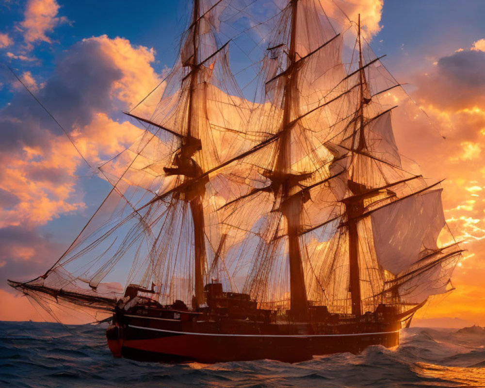 Tall ship with billowing sails in turbulent sea under dramatic sunset sky